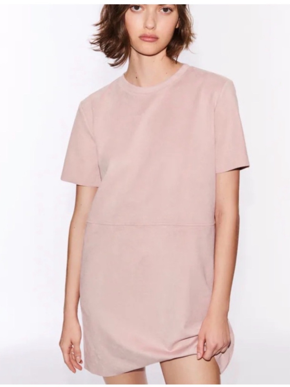 NWT Zara Faux Suede Round Neck Mini Dress Blush Pink Small